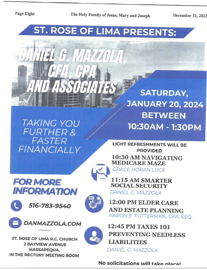 St. Rose Of Lima Presents Daniel G. Mazzola, CFA, CPA and Associates Taking You Further & Faster Financially